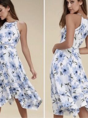 Lulus Zahara White Blue Floral Cotton Midi Dress XL